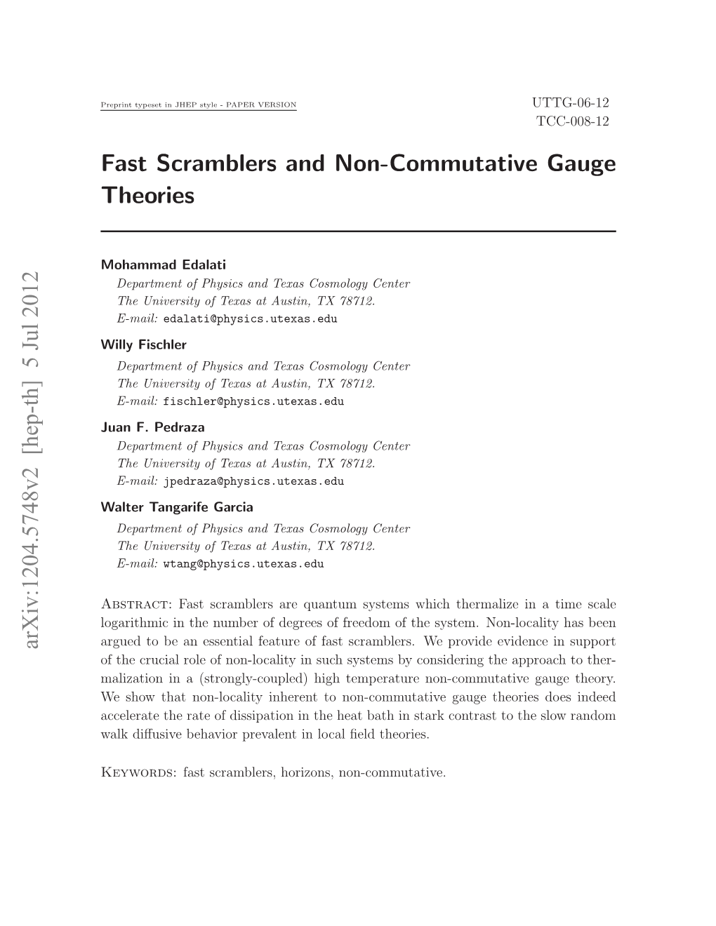 Fast Scramblers and Non-Commutative Gauge Theories