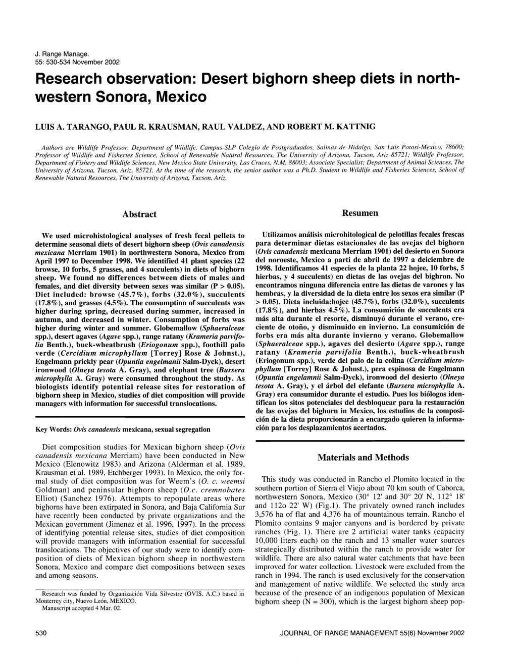 Desert Bighorn Sheep Diets in North- Western Sonora, Mexico