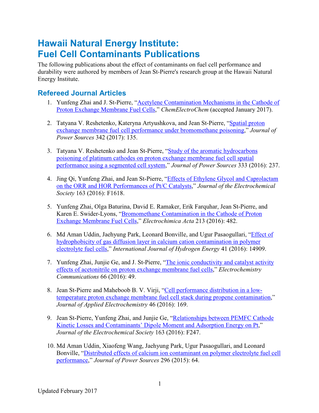 Hawaii Natural Energy Institute: Fuel Cell Contaminants Publications