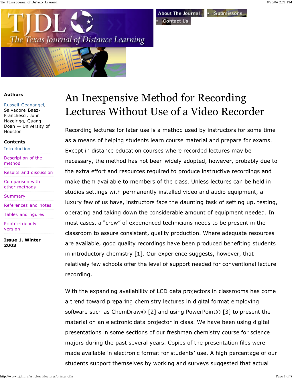 An Inexpensive Method for Recording Lectures Without Use of a Video