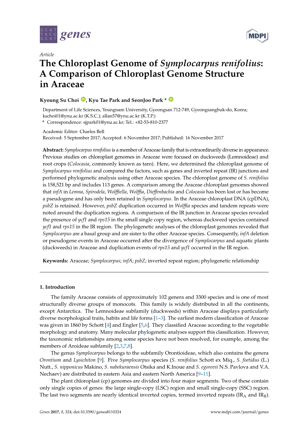 The Chloroplast Genome of Symplocarpus Renifolius: a Comparison of Chloroplast Genome Structure in Araceae