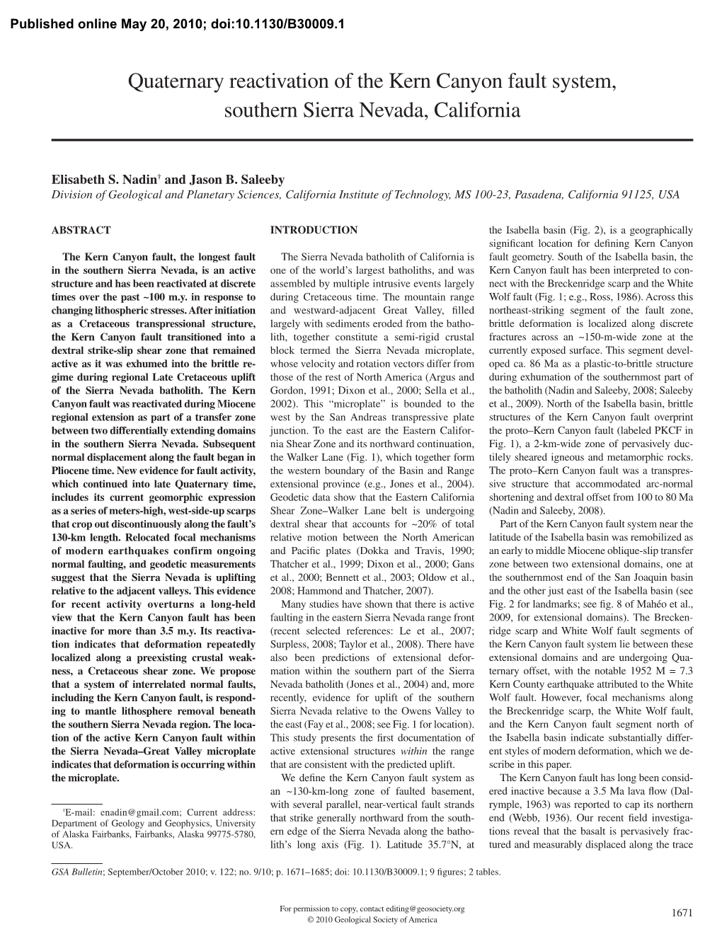 Quaternary Reactivation of the Kern Canyon Fault System, Southern Sierra Nevada, California