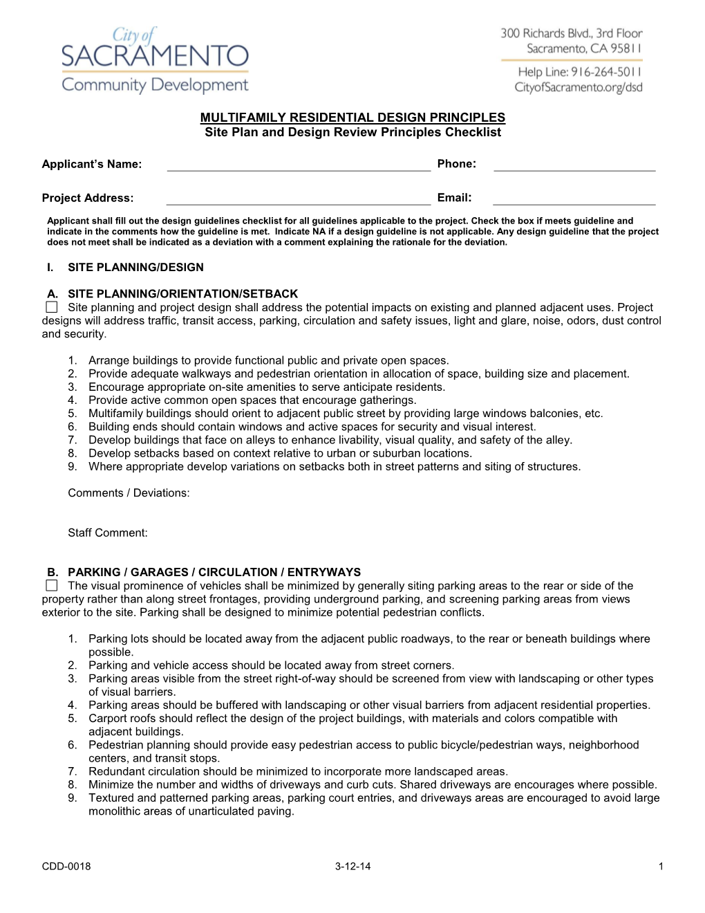 MULTIFAMILY RESIDENTIAL DESIGN PRINCIPLES Site Plan and Design Review Principles Checklist