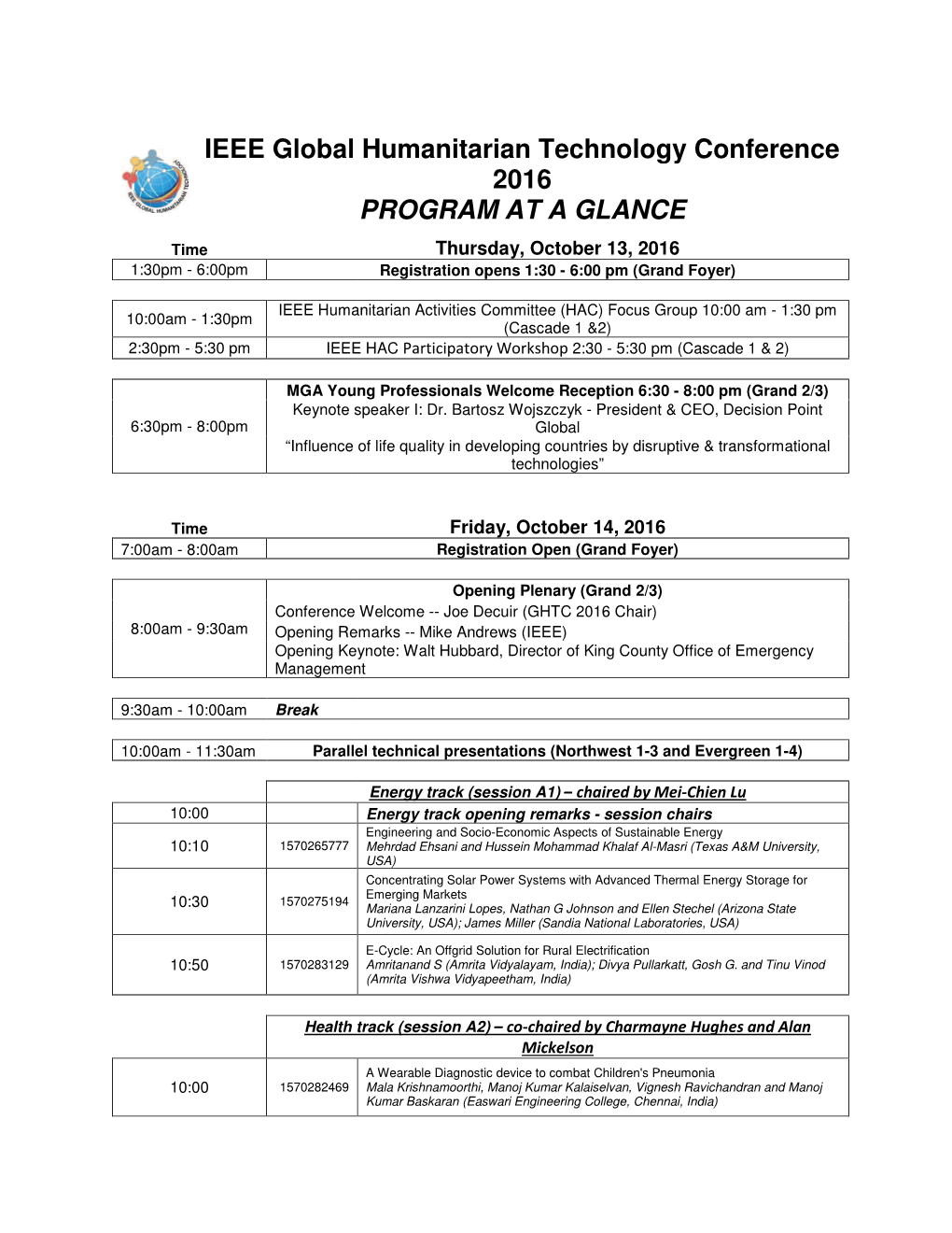 GHTC 2016 Conference Sessions Program