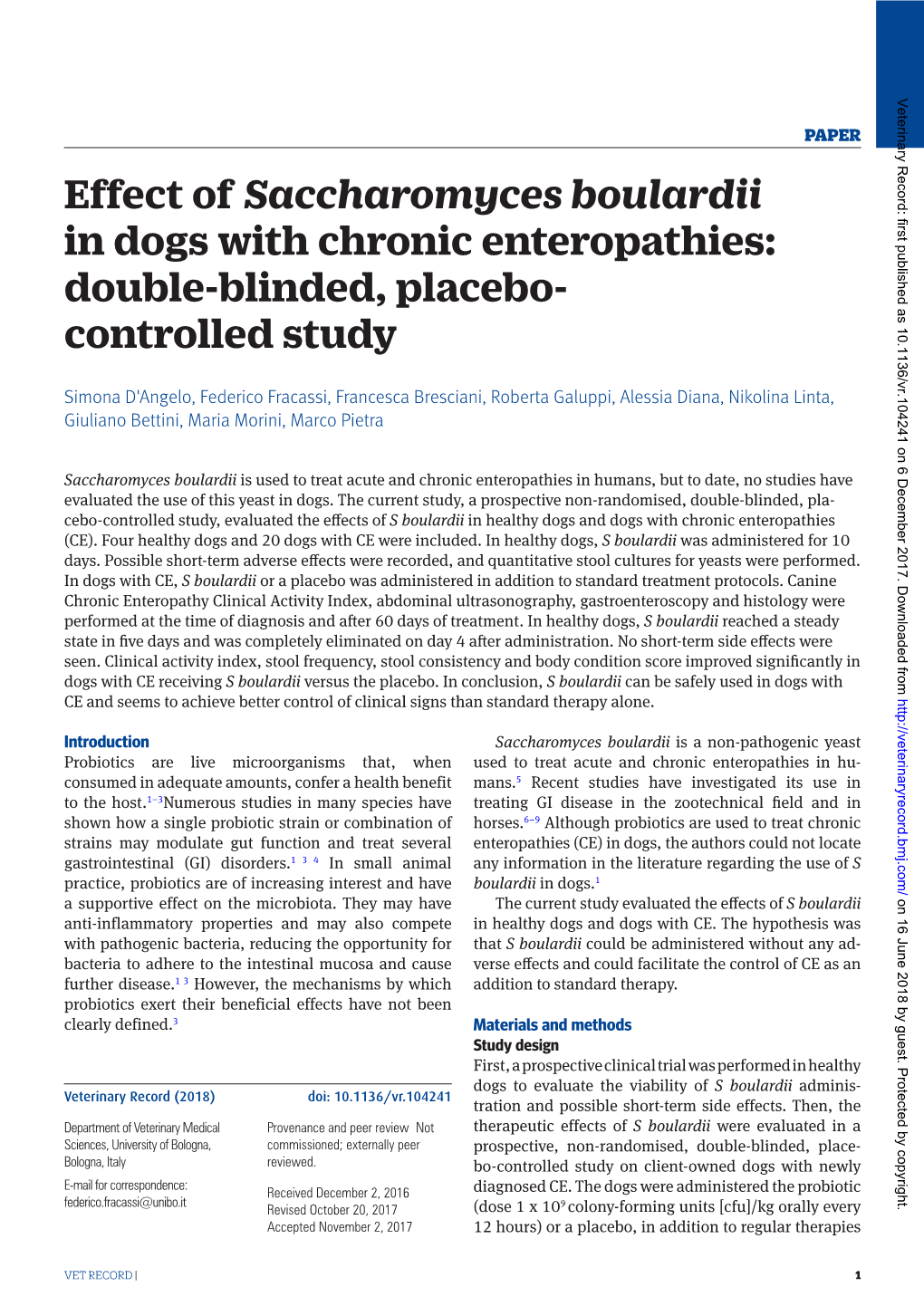 Effect of Saccharomyces Boulardii in Dogs with Chronic Enteropathies: Double-Blinded, Placebo- Controlled Study