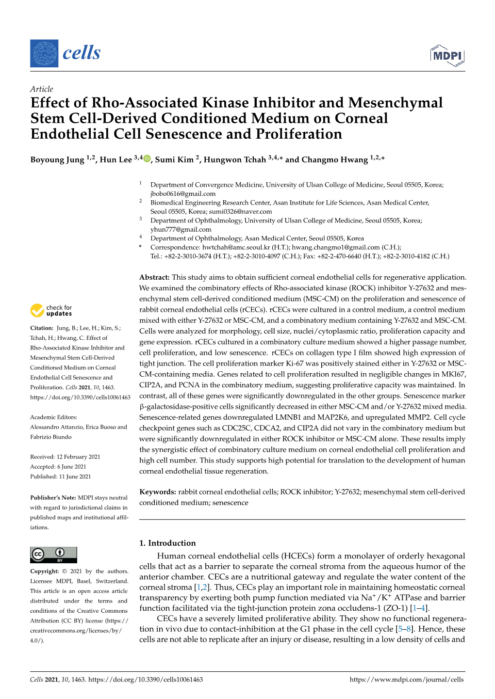 Effect of Rho-Associated Kinase Inhibitor and Mesenchymal Stem Cell-Derived Conditioned Medium on Corneal Endothelial Cell Senescence and Proliferation