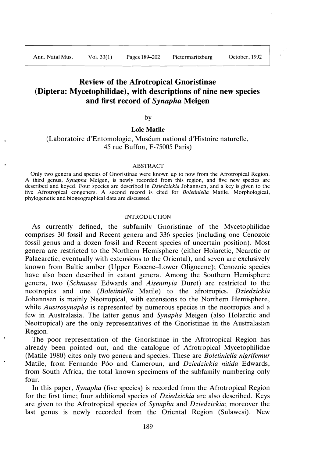 Review of the Afrotropical Gnoristinae (Diptera: Mycetophilidae), with Descriptions of Nine New Species and First Record of Synapha Meigen