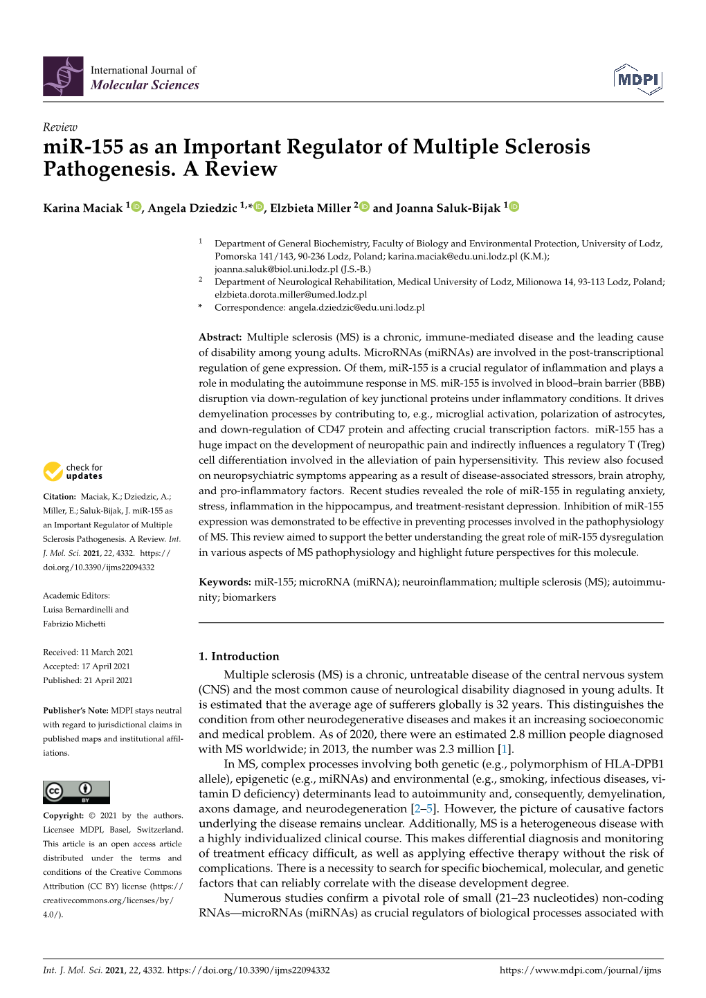 Mir-155 As an Important Regulator of Multiple Sclerosis Pathogenesis. a Review