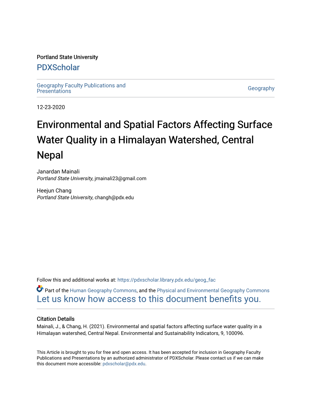 Environmental and Spatial Factors Affecting Surface Water Quality in a Himalayan Watershed, Central Nepal