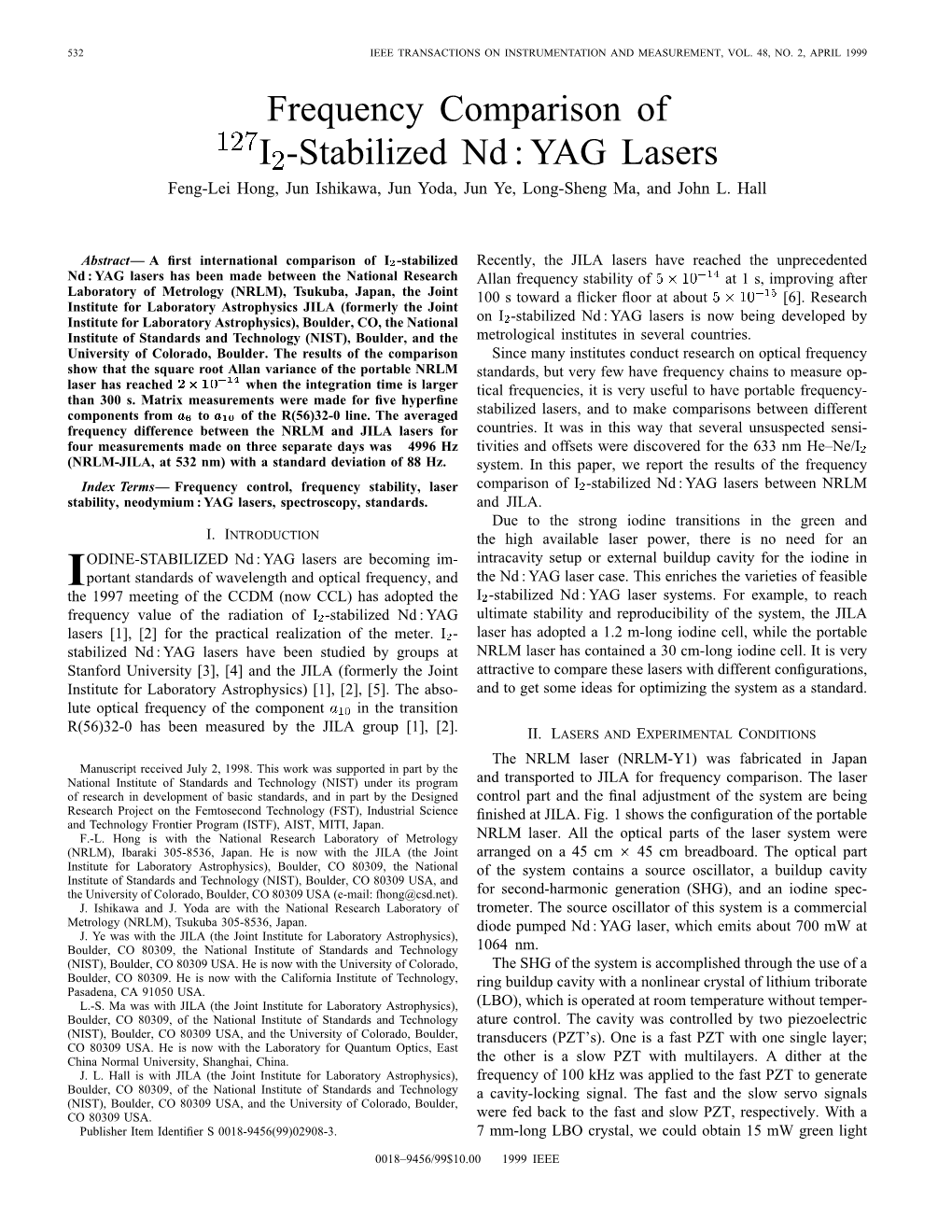 Frequency Comparison of /Sup 127/I-Stabilized Nd : YAG Lasers