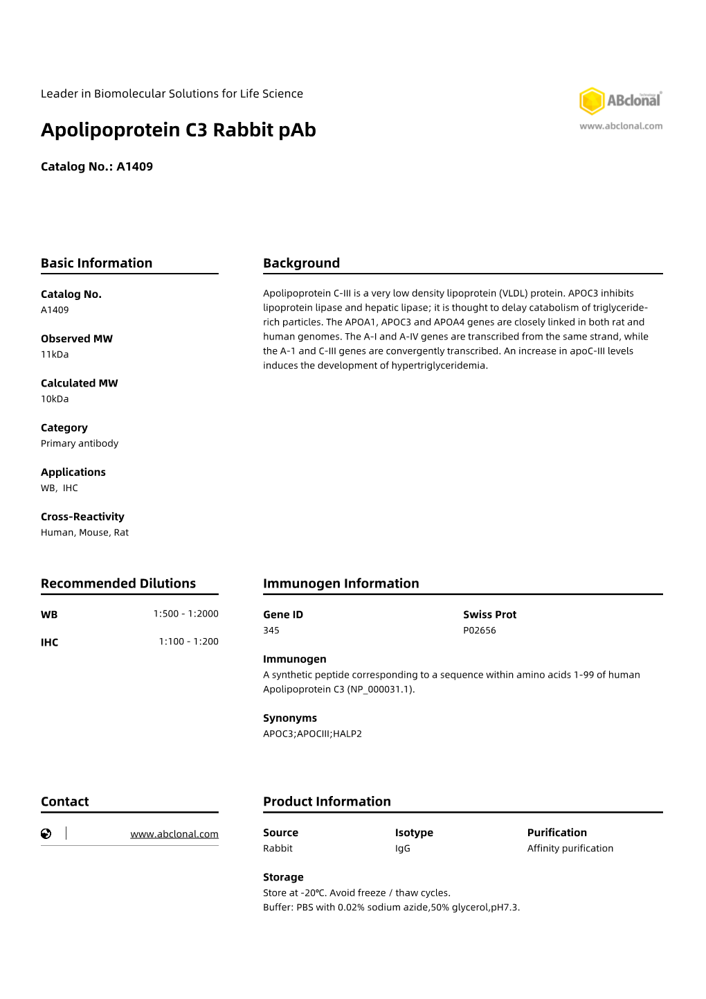 Apolipoprotein C3 Rabbit Pab