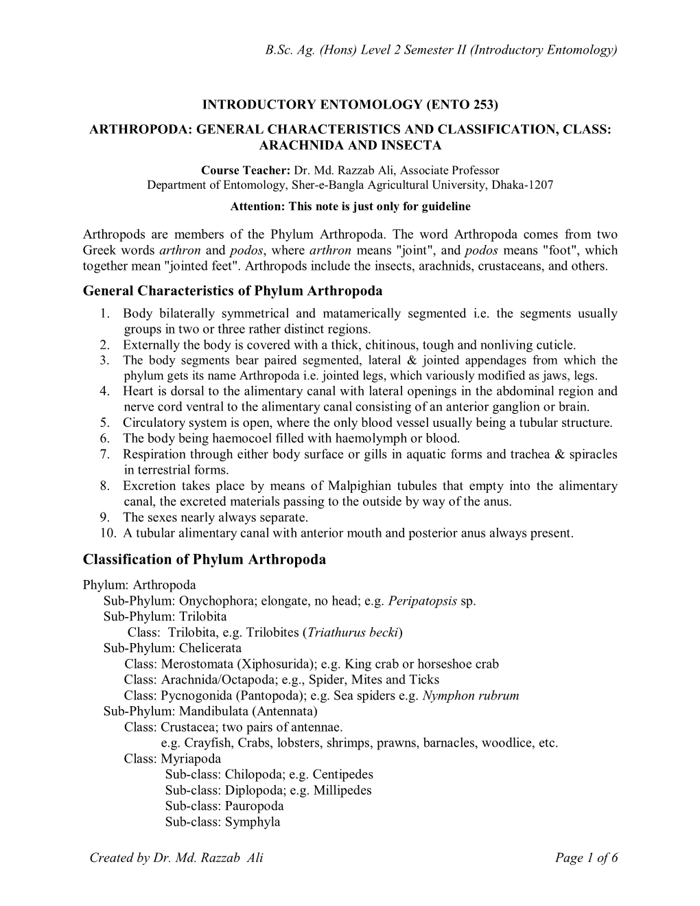 Classification of Phylum Arthropoda