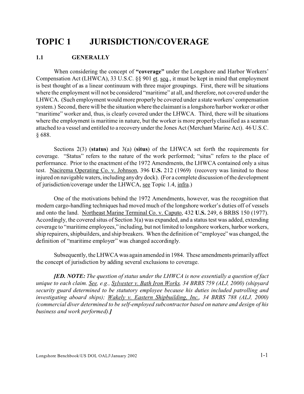 USDOL OALJ LHWCA Benchbook, Topic 1, Jurisdiction/Coverage (2002)