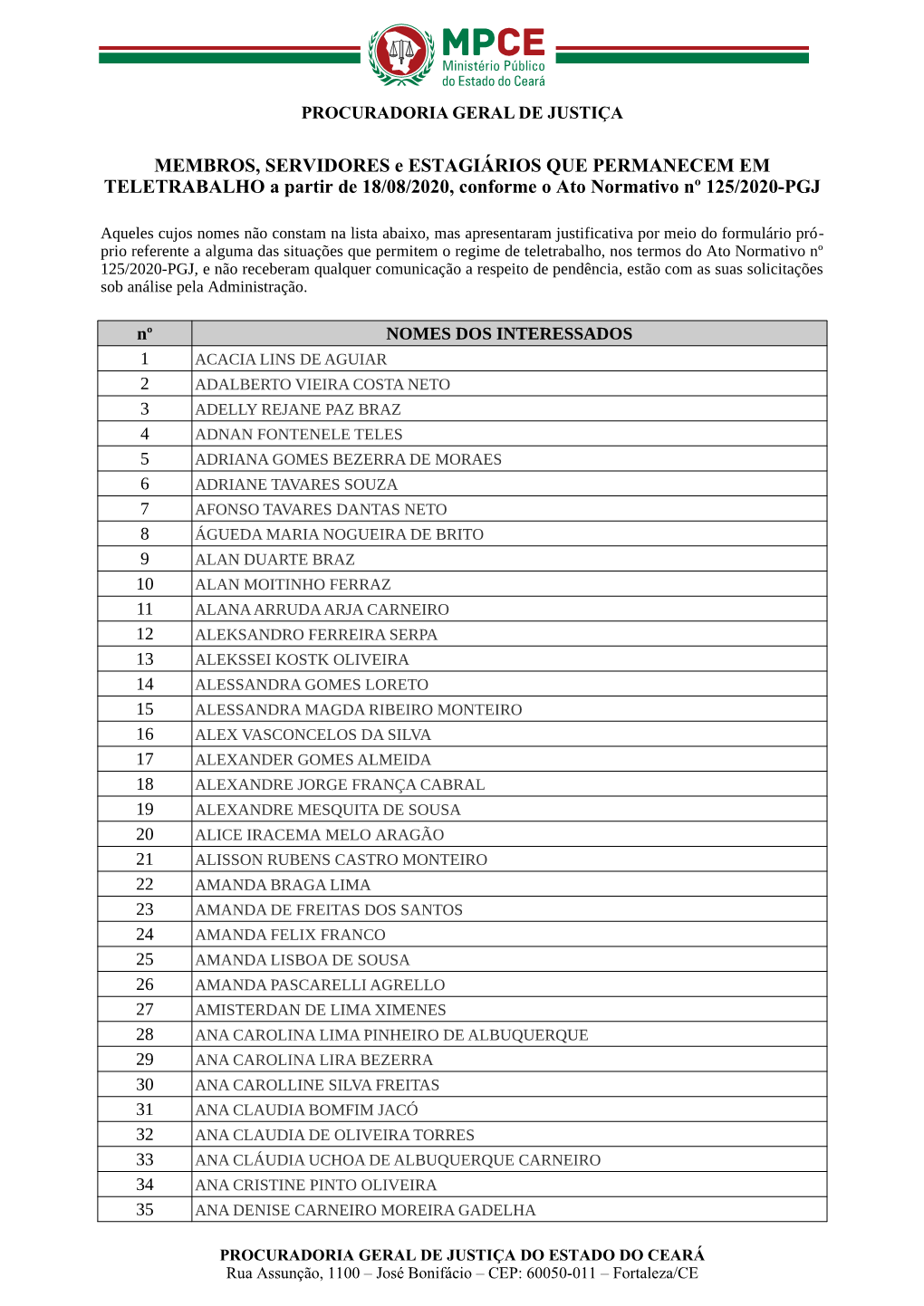 MEMBROS, SERVIDORES E ESTAGIÁRIOS QUE PERMANECEM EM TELETRABALHO a Partir De 18/08/2020, Conforme O Ato Normativo Nº 125/2020-PGJ