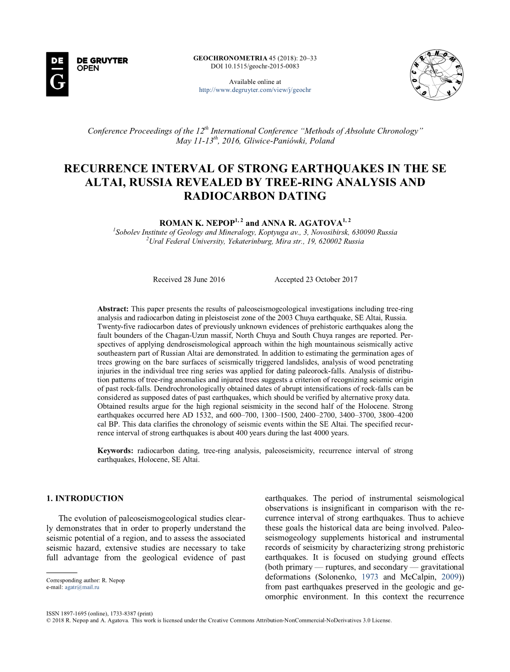 Recurrence Interval of Strong Earthquakes in the Se Altai, Russia Revealed by Tree-Ring Analysis and Radiocarbon Dating