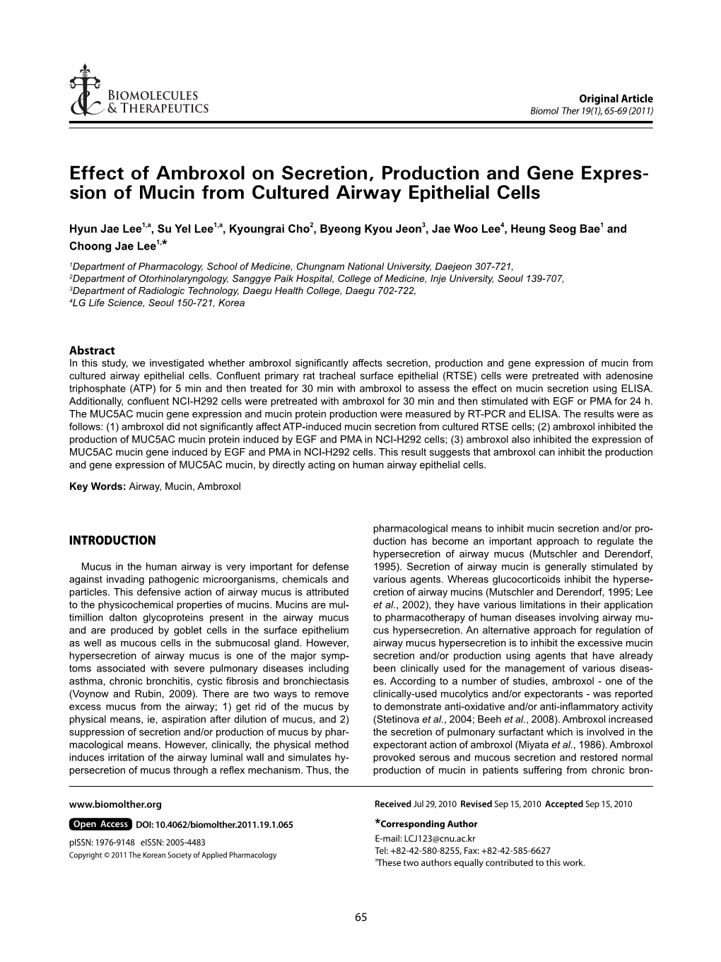 Effect of Ambroxol on Secretion, Production and Gene Expres- Sion of Mucin from Cultured Airway Epithelial Cells