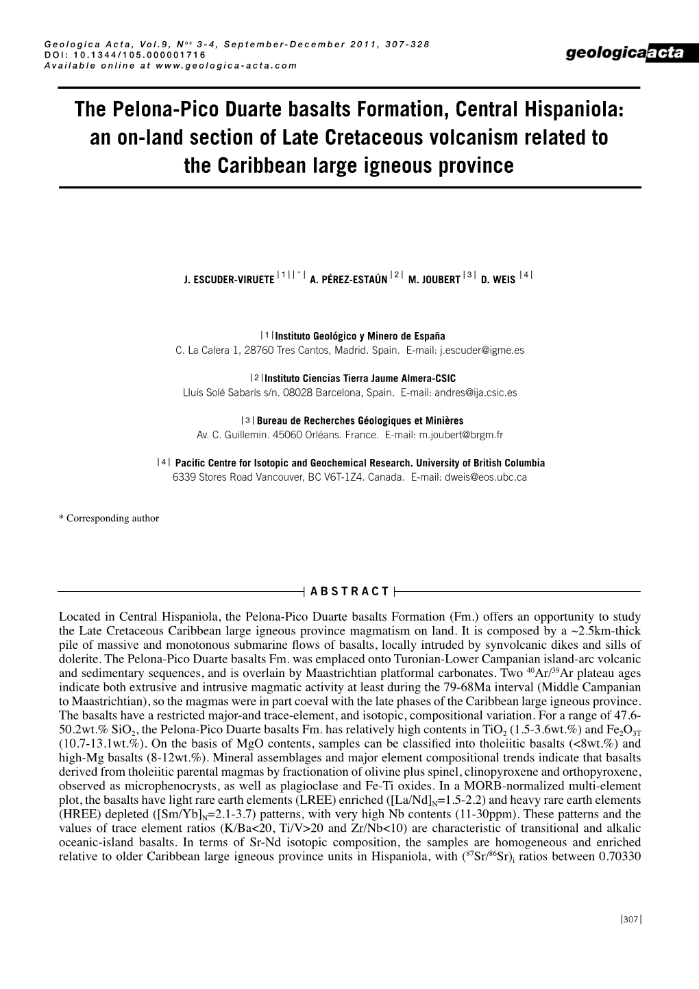 The Pelona-Pico Duarte Basalts Formation, Central Hispaniola: an On-Land Section of Late Cretaceous Volcanism Related to the Caribbean Large Igneous Province