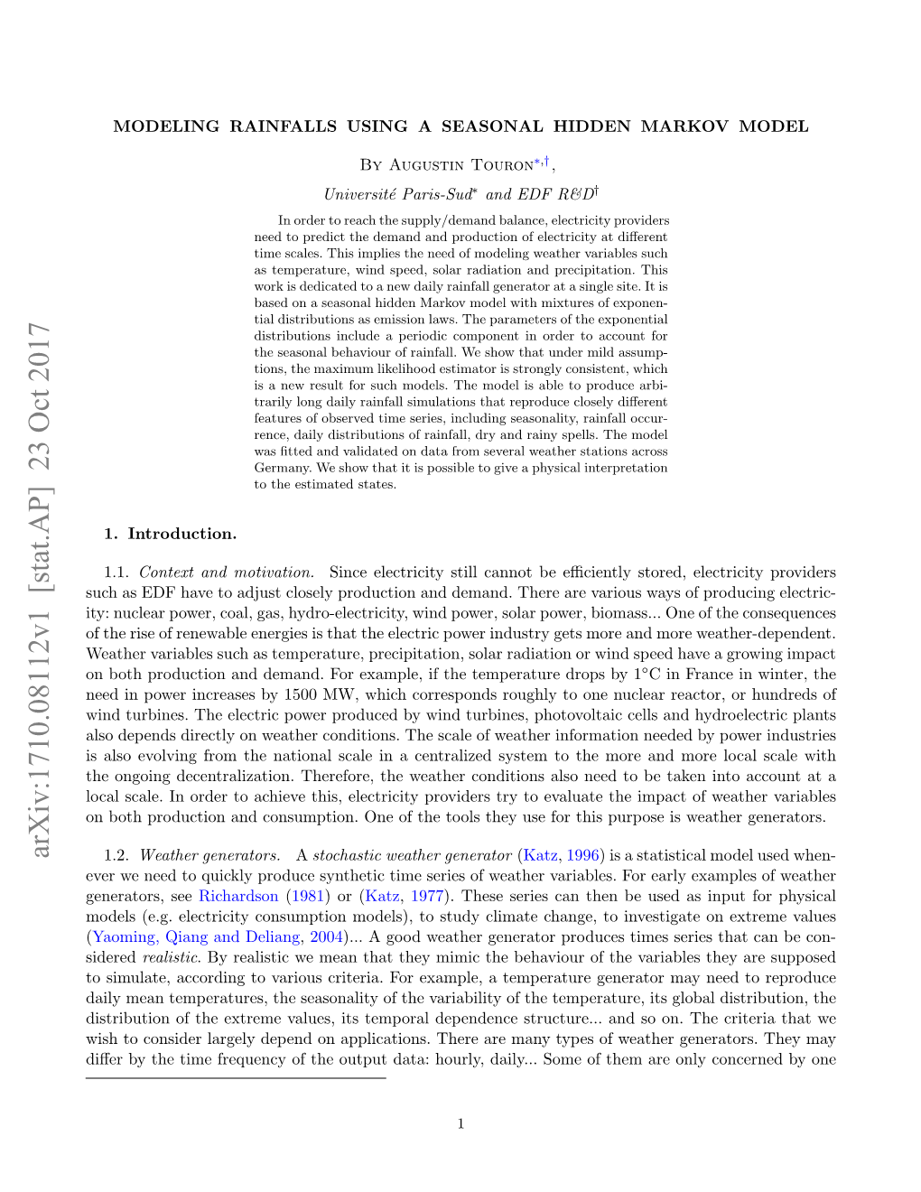 Modeling Rainfalls Using a Seasonal Hidden Markov Model