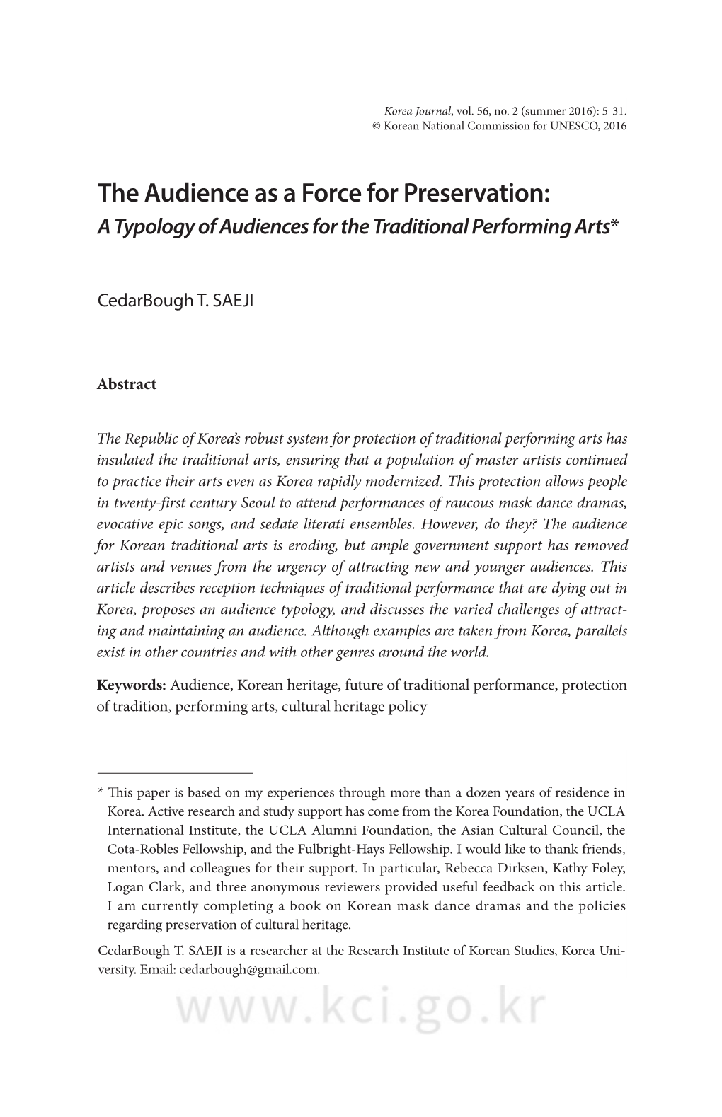 The Audience As a Force for Preservation: a Typology of Audiences for the Traditional Performing Arts*