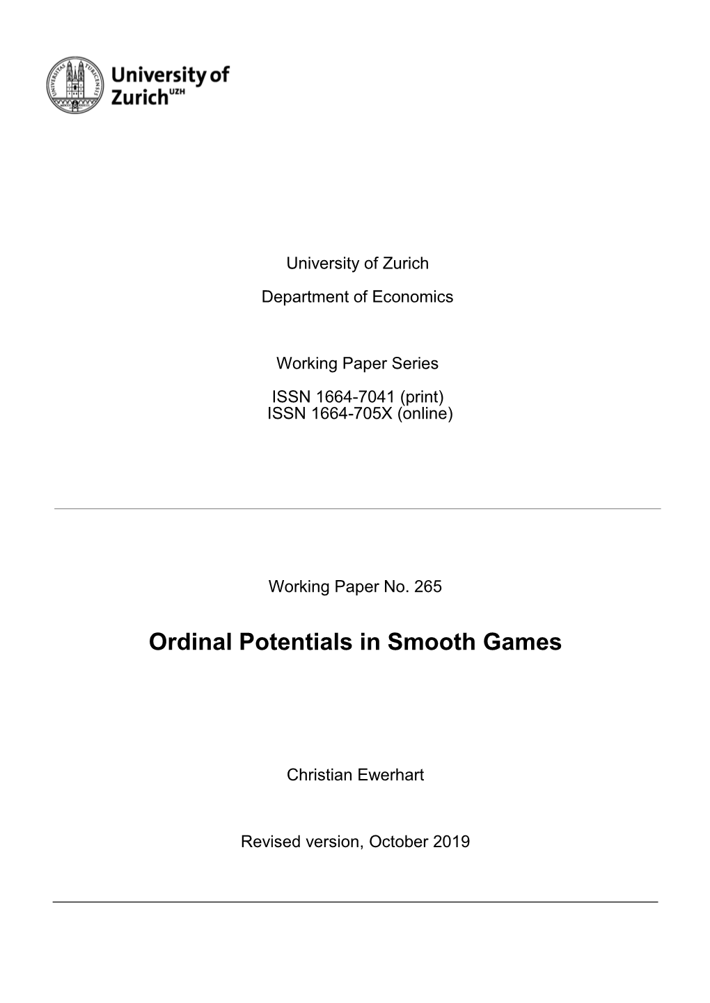 Ordinal Potentials in Smooth Games