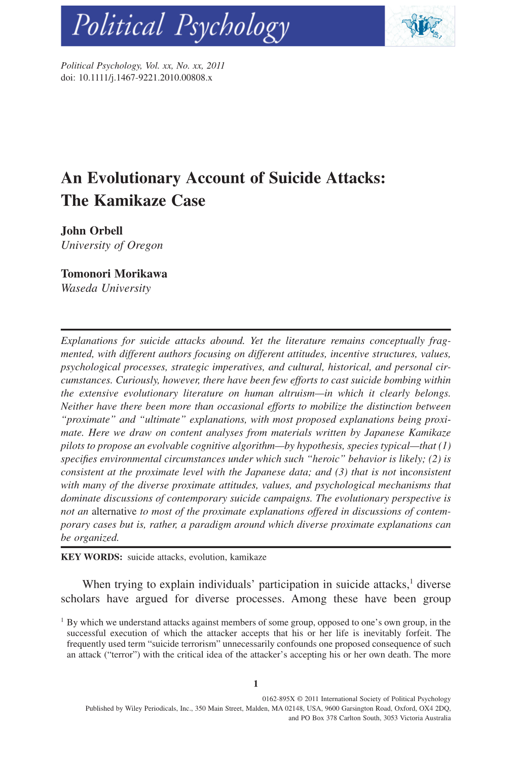 An Evolutionary Account of Suicide Attacks: the Kamikaze Case