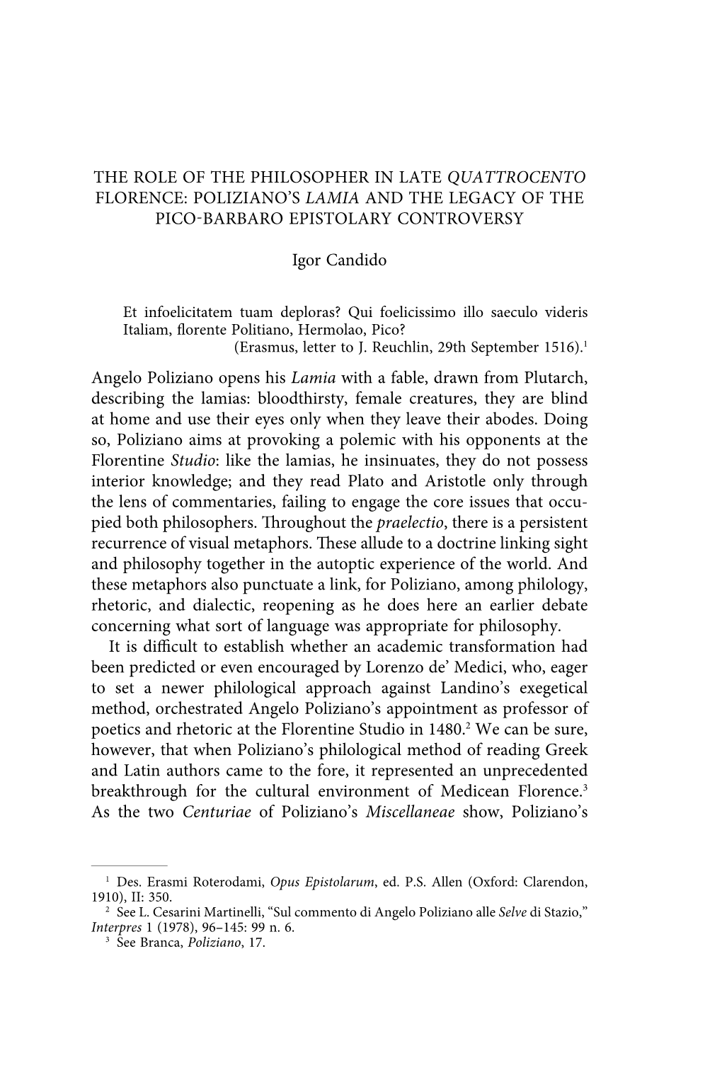 The Role of the Philosopher in Late Quattrocento Florence: Poliziano’S Lamia and the Legacy of the Pico-Barbaro Epistolary Controversy