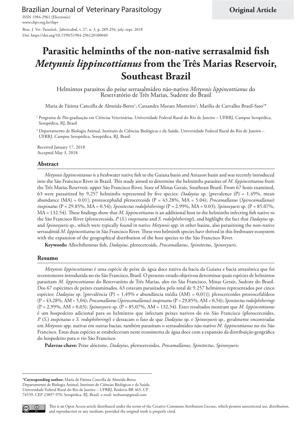 Parasitic Helminths of the Non-Native Serrasalmid Fish Metynnis