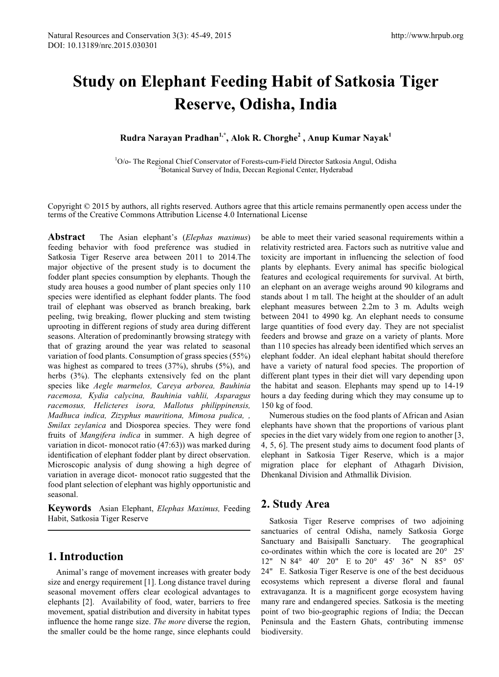 Study on Elephant Feeding Habit of Satkosia Tiger Reserve, Odisha, India