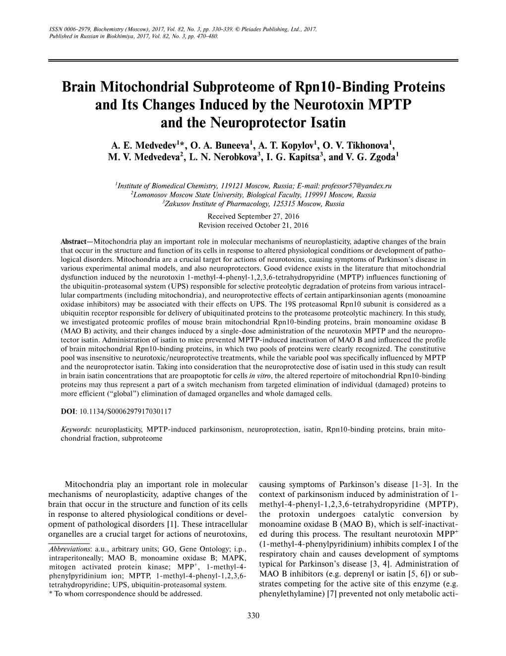 Brain Mitochondrial Subproteome of Rpn10-Binding Proteins and Its Changes Induced by the Neurotoxin MPTP and the Neuroprotector Isatin