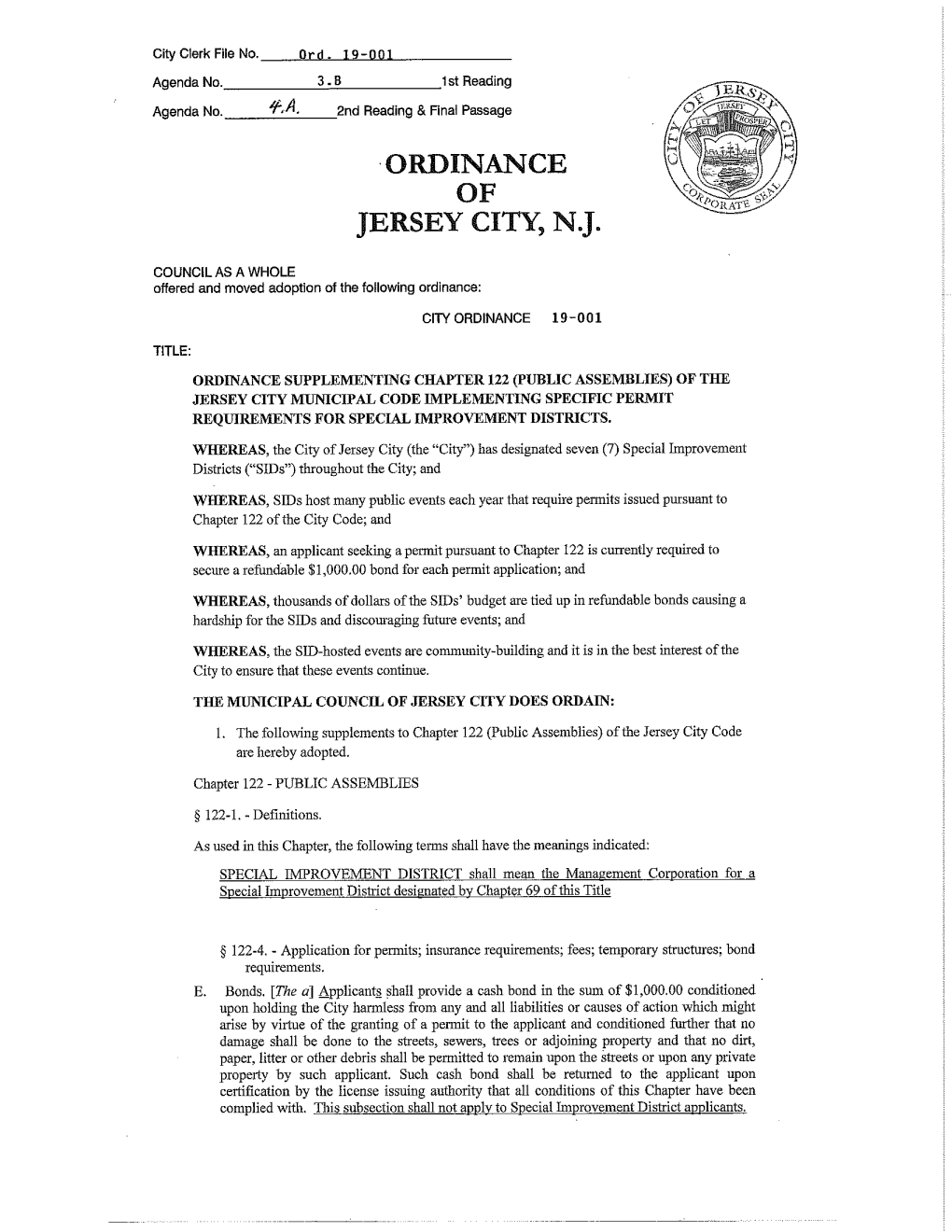 Ordinance Supplementing Chapter 122 (Public Assemblies) of the Jersey City Municipal Code Implementing Specific Permit Requirements for Special Improvement Districts