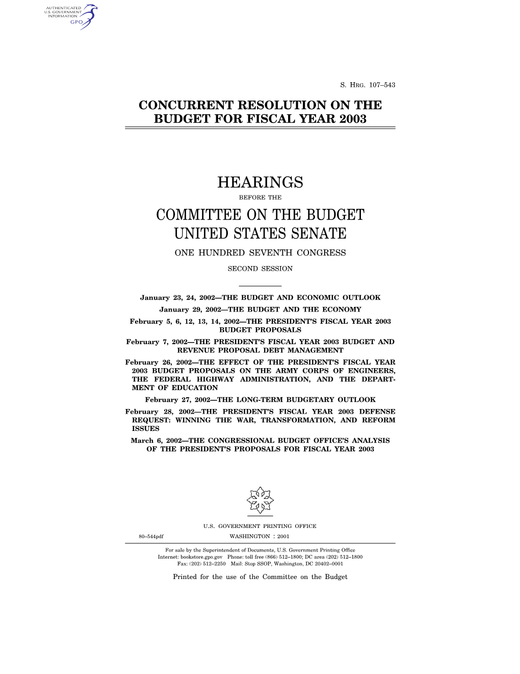 Hearings Committee on the Budget United States Senate