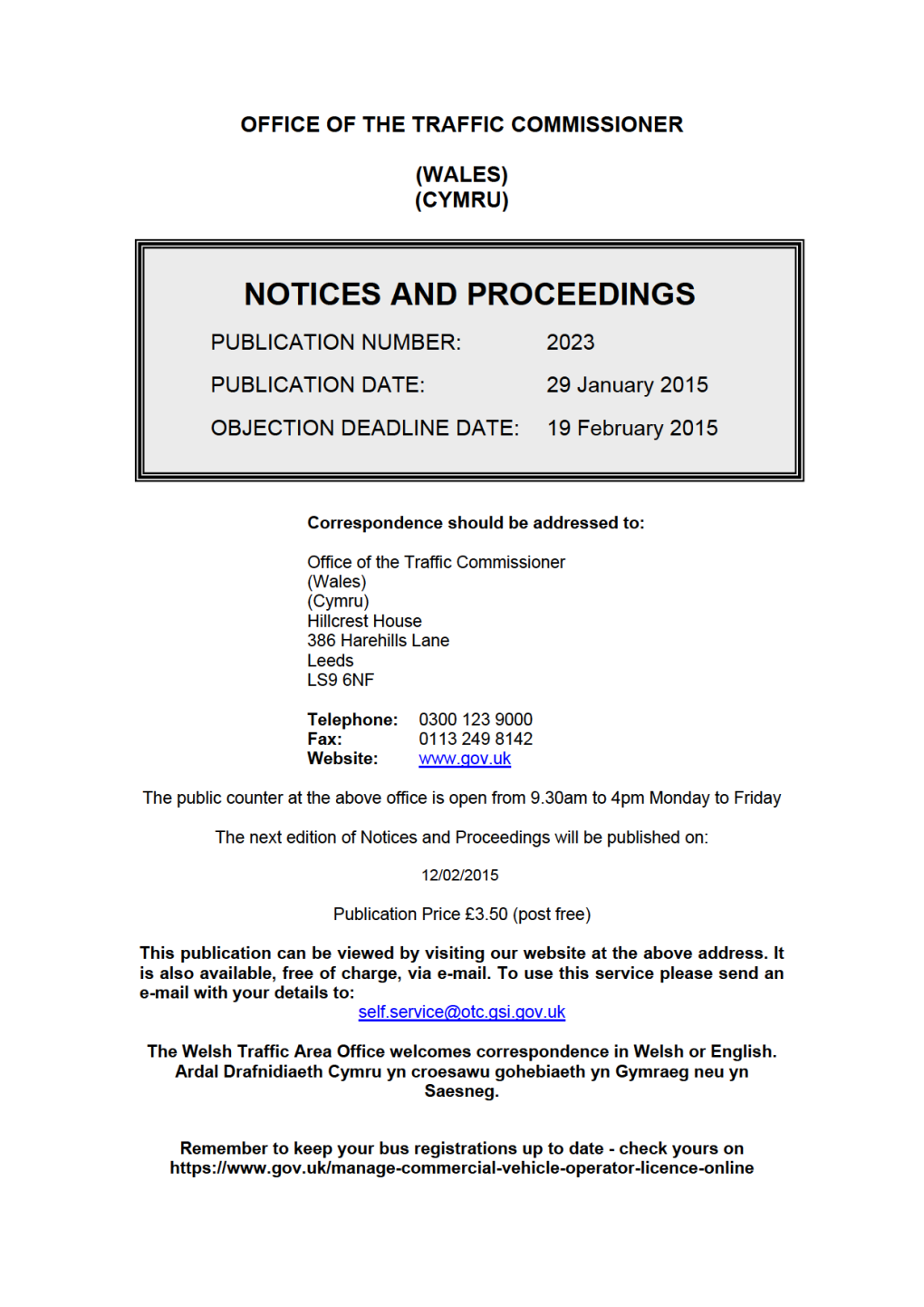 Notices and Proceedings: Wales: 29 January 2015