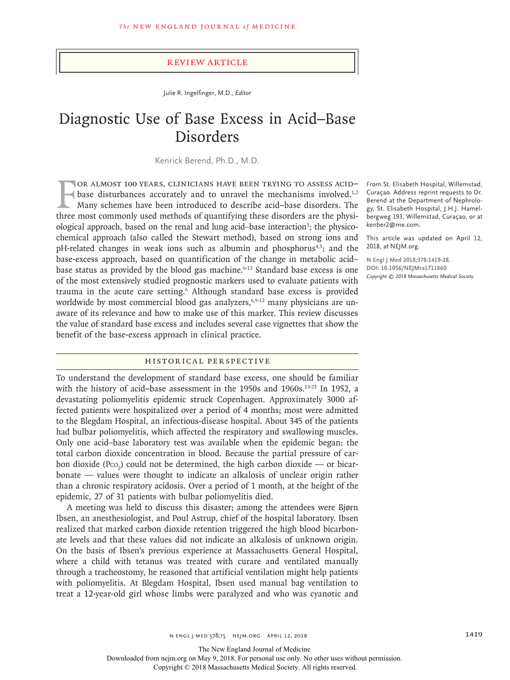 Diagnostic Use of Base Excess in Acid–Base Disorders