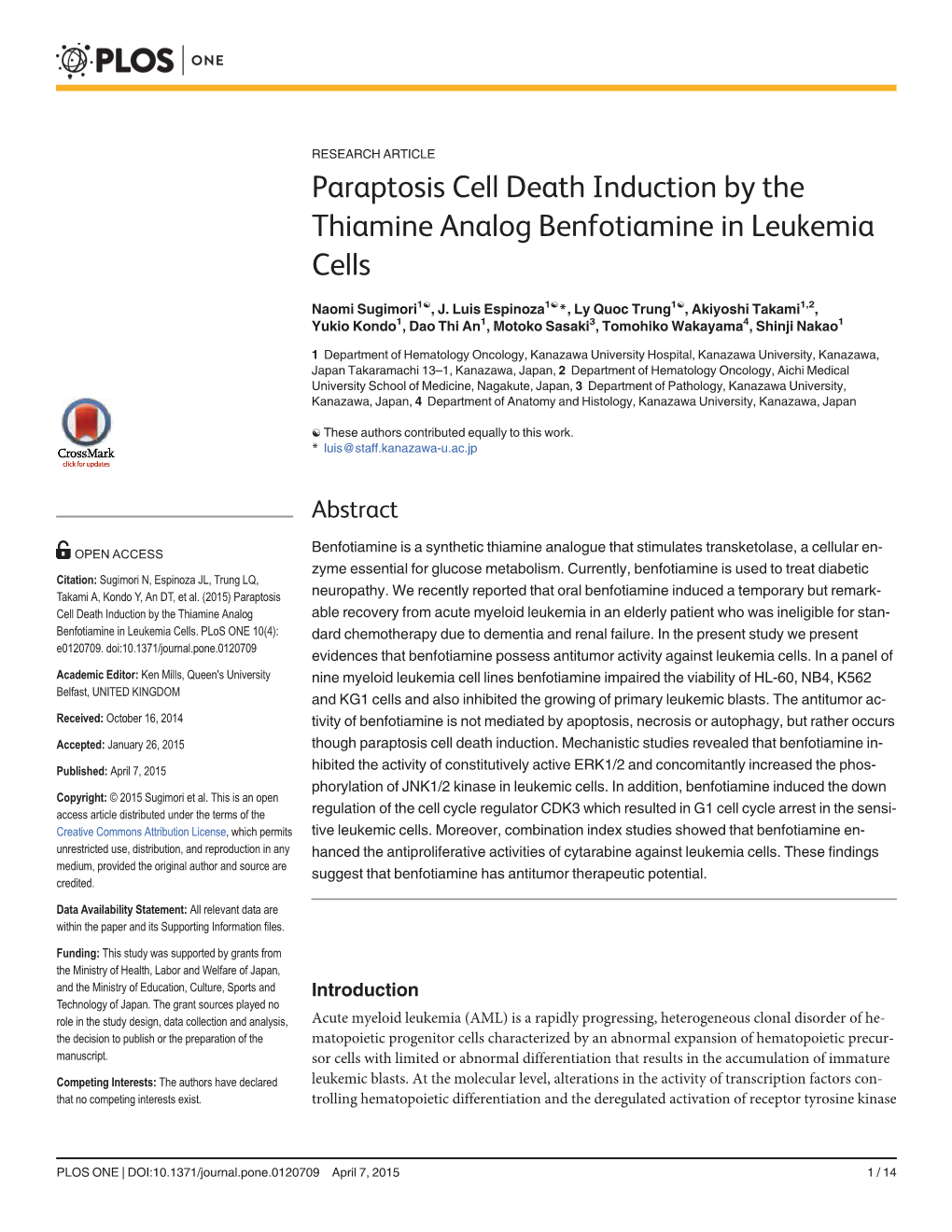 Paraptosis Cell Death Induction by the Thiamine Analog Benfotiamine in Leukemia Cells