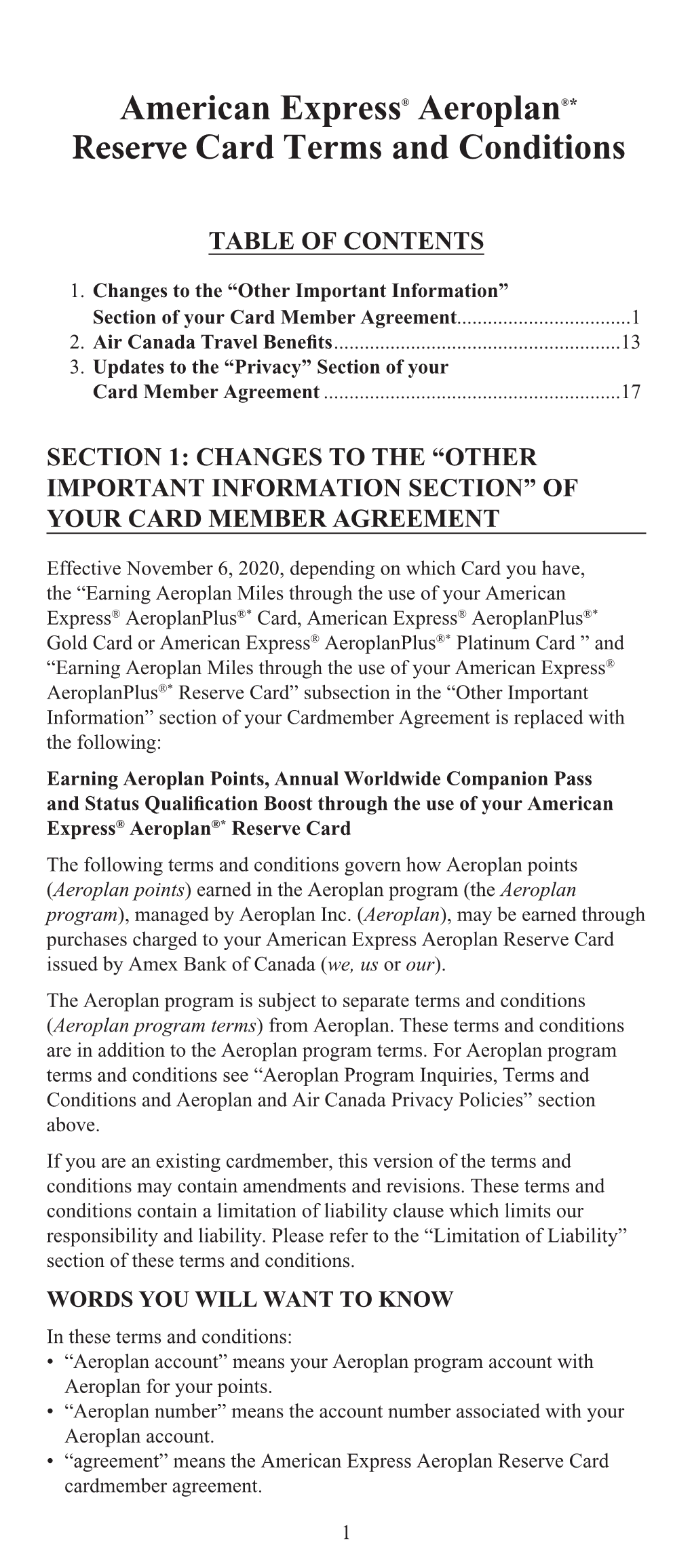 American Express® Aeroplan®* Reserve Card Terms and Conditions