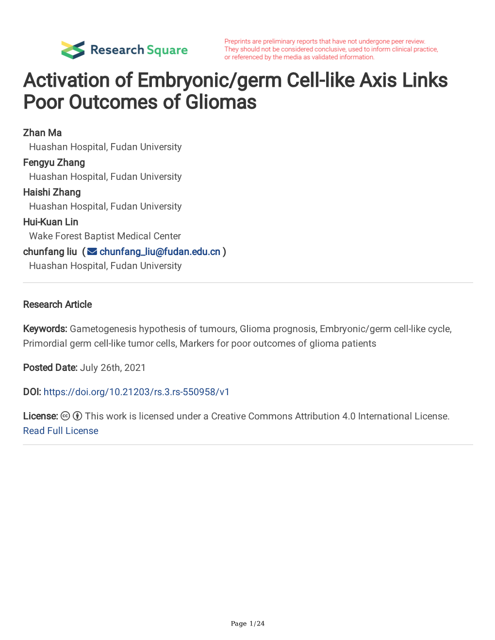 Activation of Embryonic/Germ Cell-Like Axis Links Poor Outcomes of Gliomas