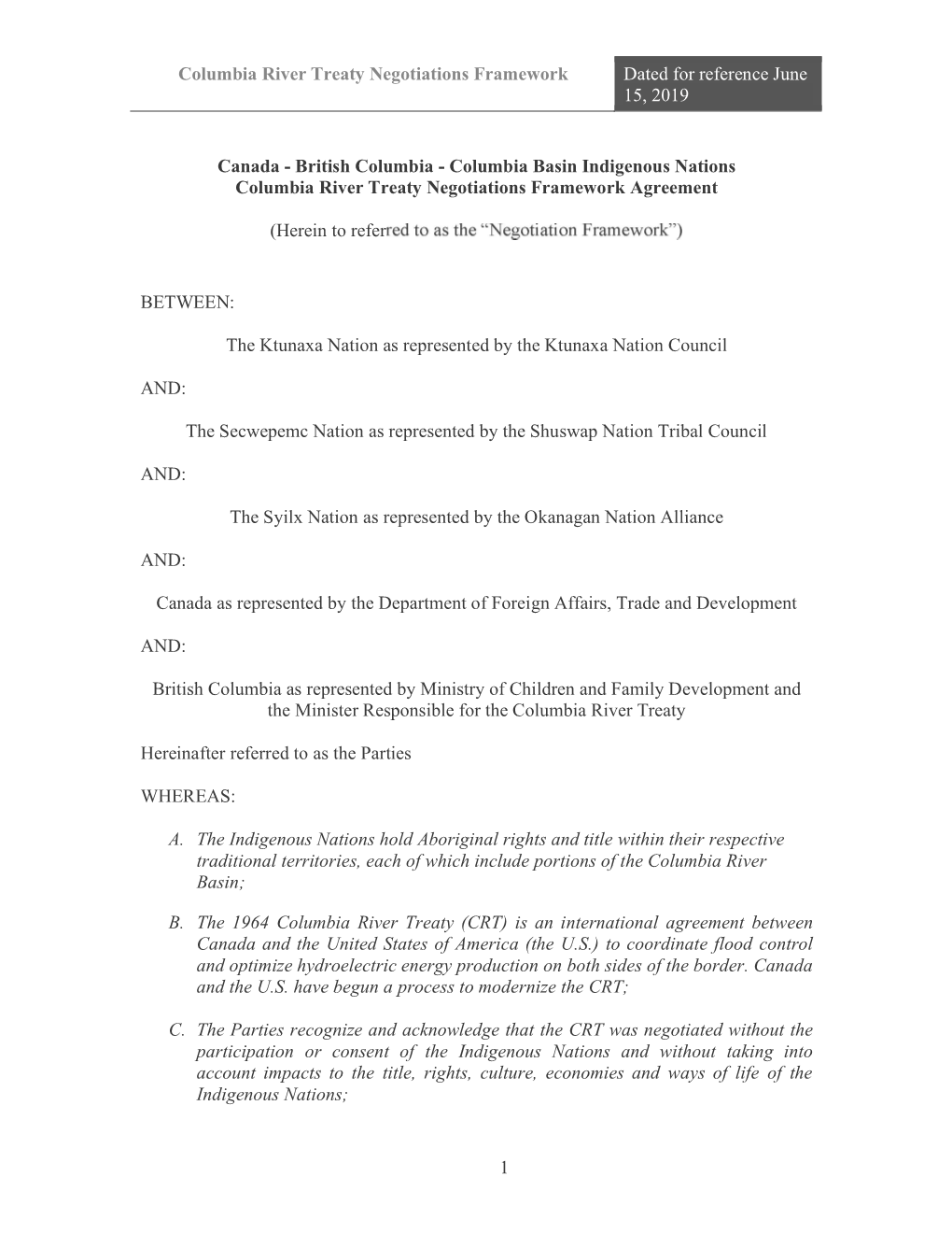 Columbia River Treaty Negotiations Framework Dated for Reference June 15, 2019
