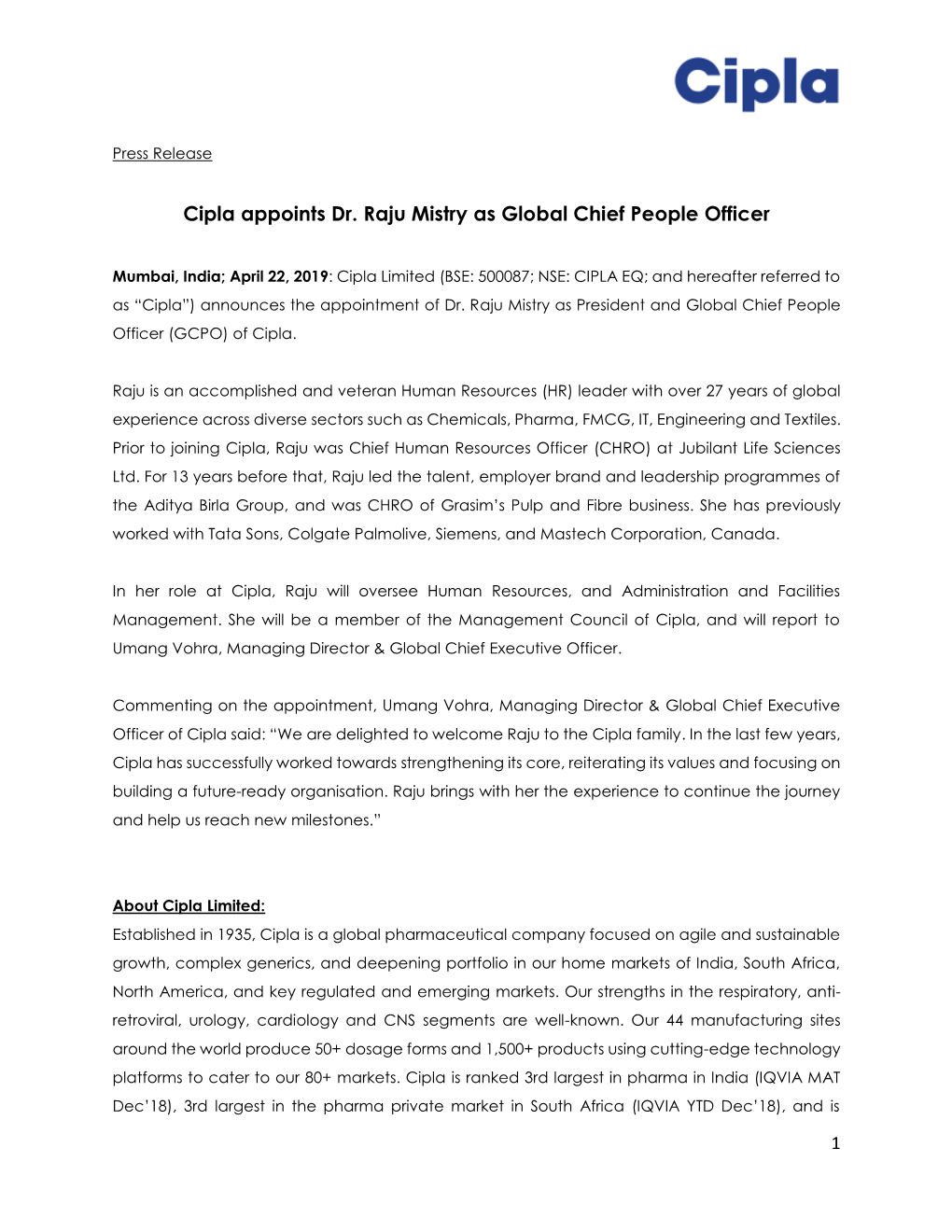 Cipla Appoints Dr. Raju Mistry As Global Chief People Officer