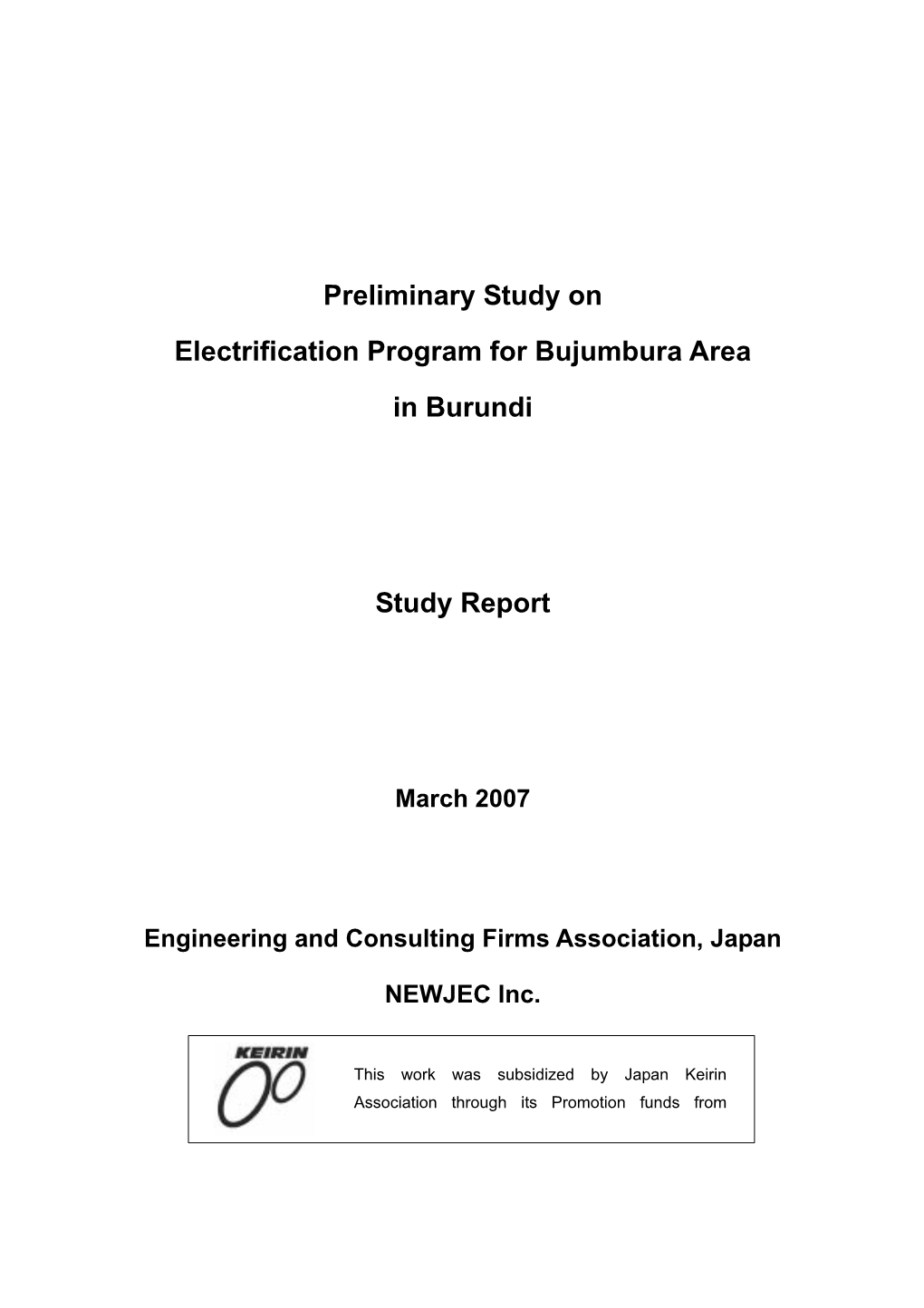 Preliminary Study on Electrification Program for Bujumbura Area in Burundi