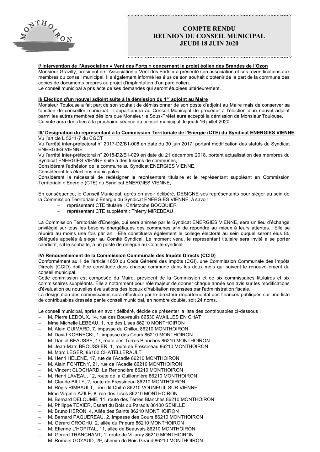 Compte Rendu De La Séance Du Conseil Municipal Du 18 Juin 2020