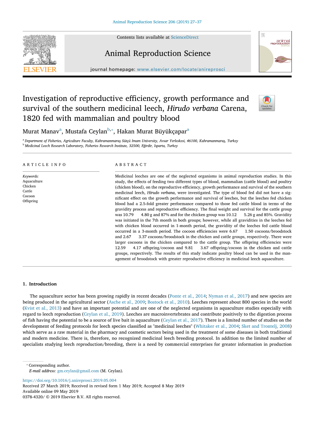 Investigation of Reproductive Efficiency, Growth Performance and Survival of the Southern Medicinal Leech, Hirudo Verbana Carena