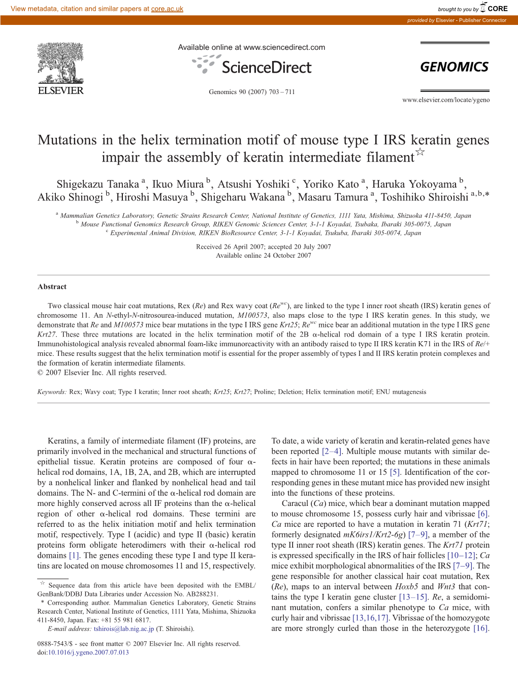 Mutations in the Helix Termination Motif of Mouse Type I IRS Keratin Genes Impair the Assembly of Keratin Intermediate Filament☆