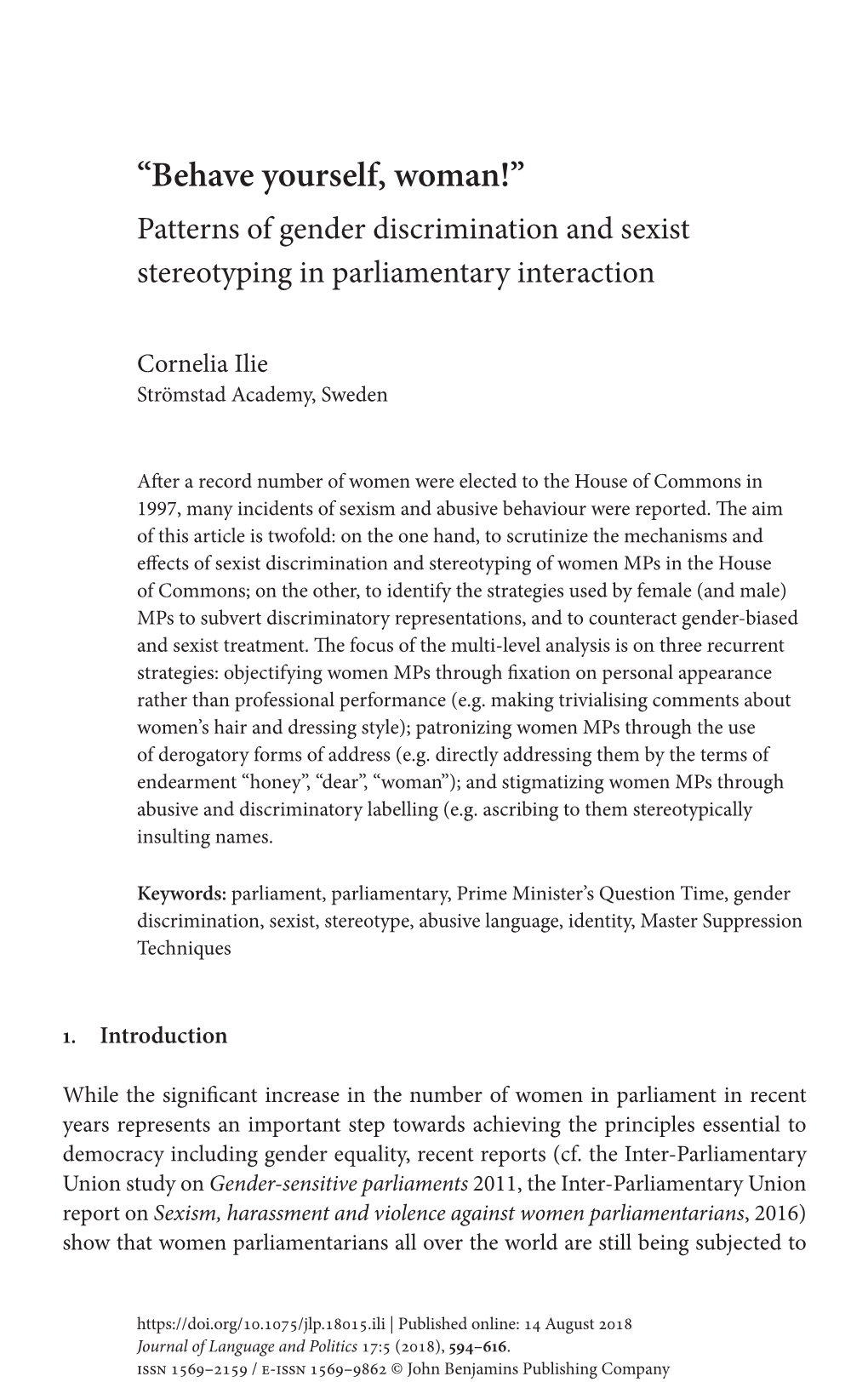 “Behave Yourself, Woman!” Patterns of Gender Discrimination and Sexist Stereotyping in Parliamentary Interaction