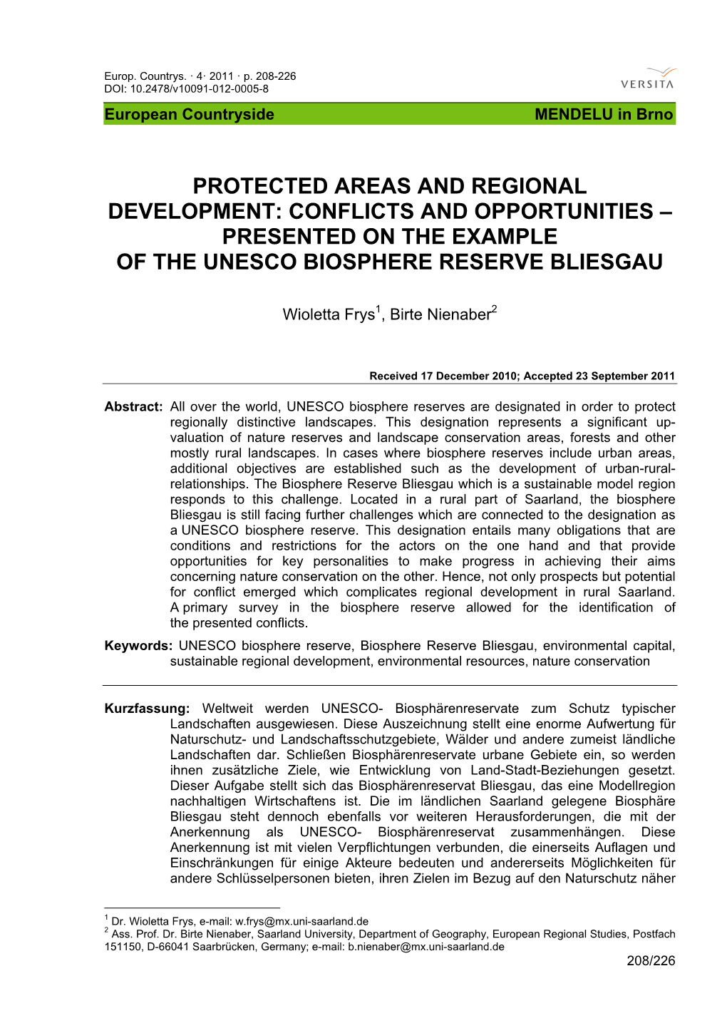 Presented on the Example of the Unesco Biosphere Reserve Bliesgau