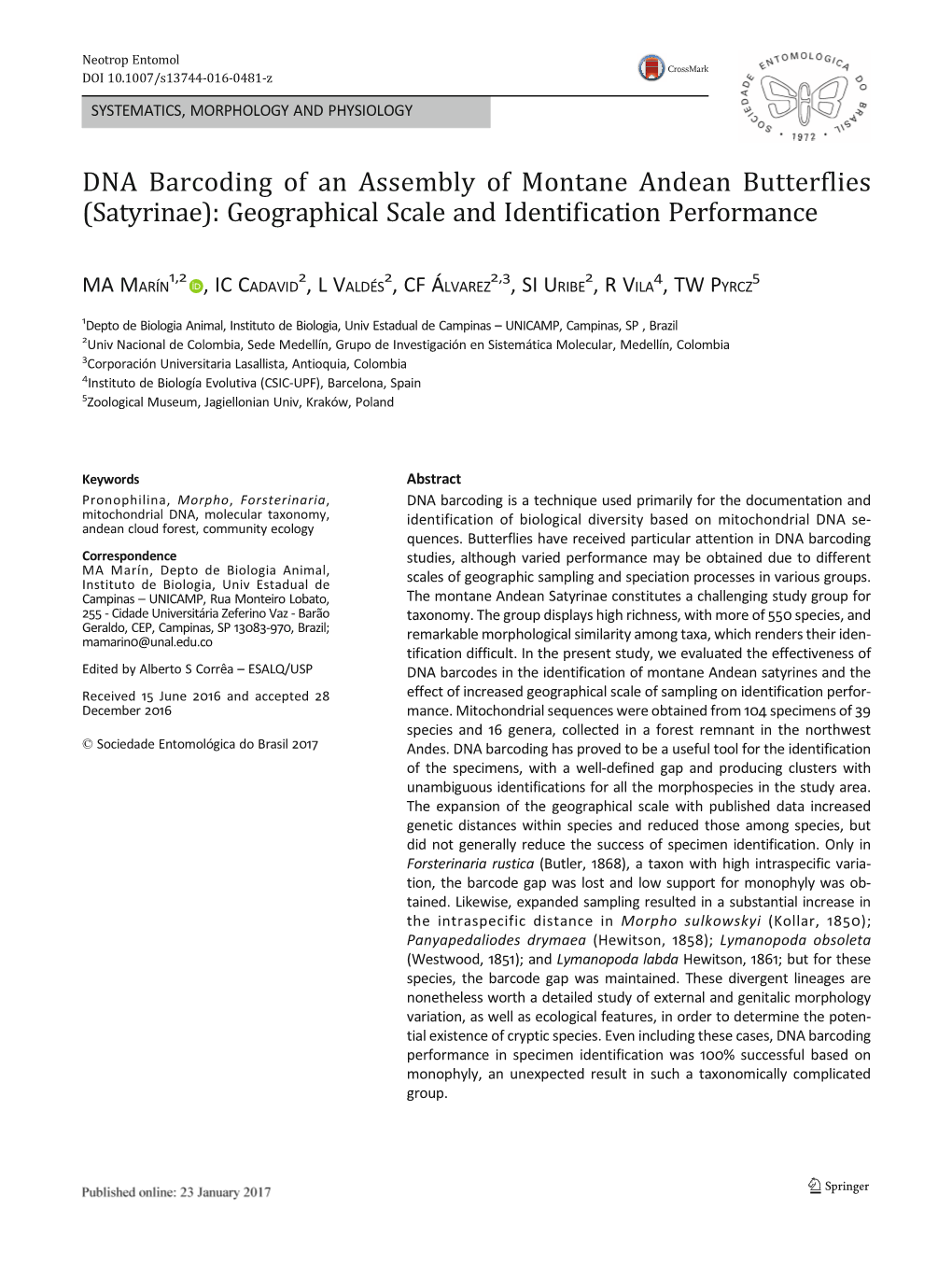 DNA Barcoding of an Assembly of Montane Andean Butterflies (Satyrinae): Geographical Scale and Identification Performance