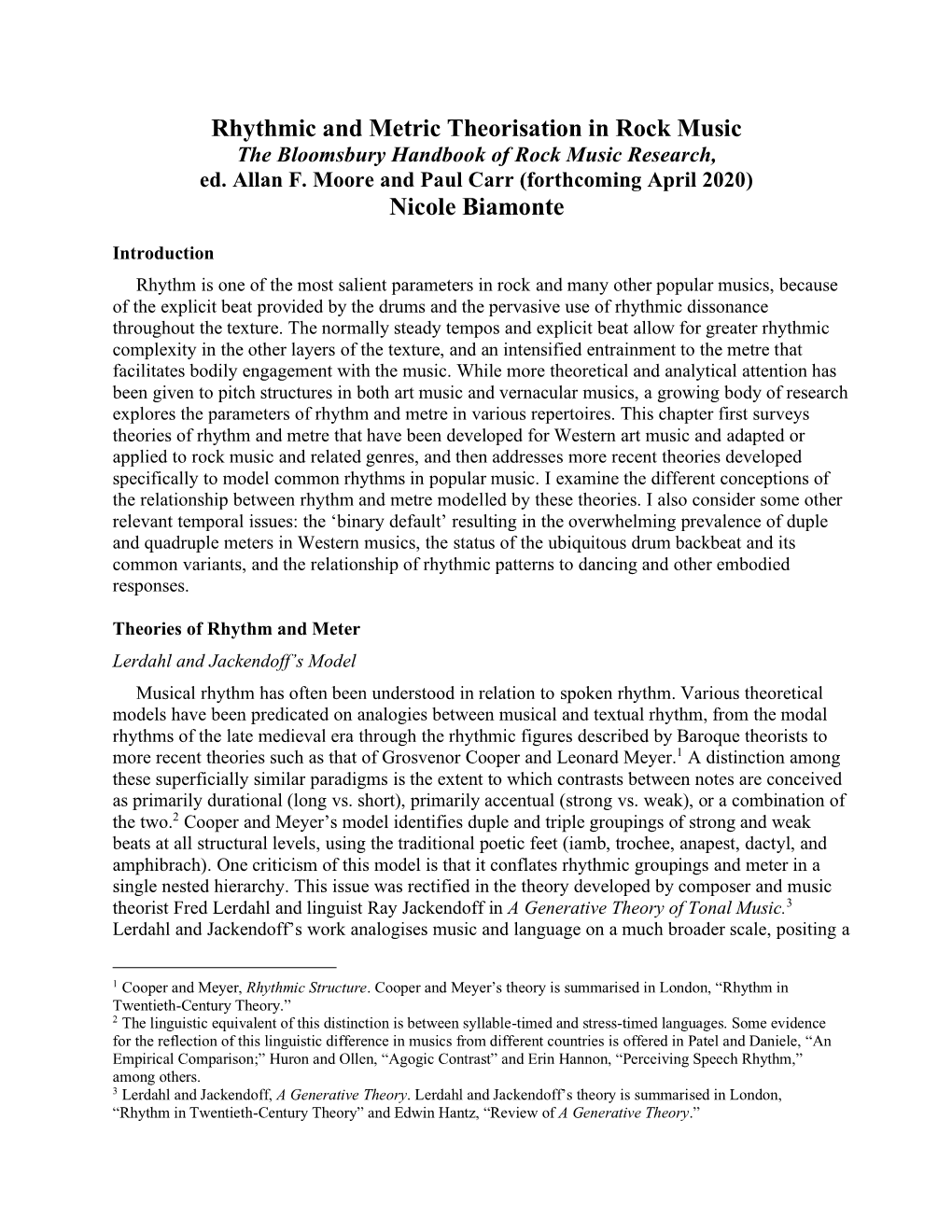 Rhythmic and Metric Theorisation in Rock Music Nicole Biamonte