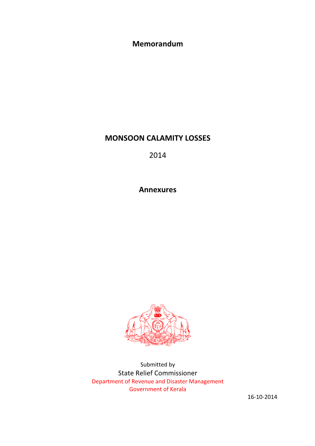 Memorandum MONSOON CALAMITY LOSSES 2014 Annexures