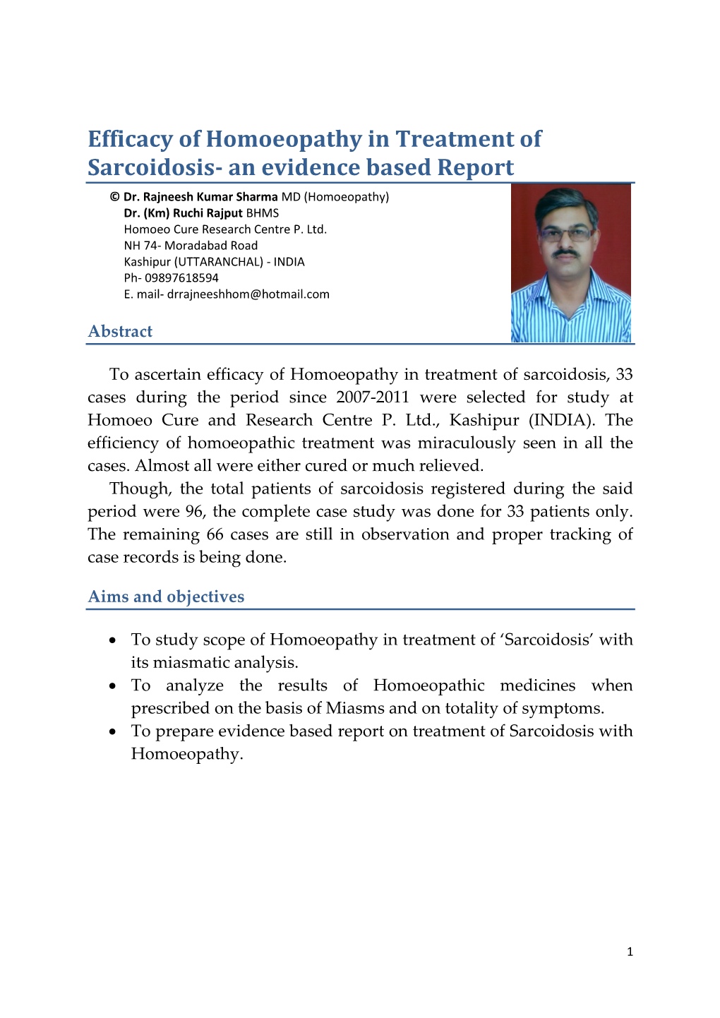 Efficacy of Homoeopathy in Treatment of Sarcoidosis- an Evidence Based Report © Dr