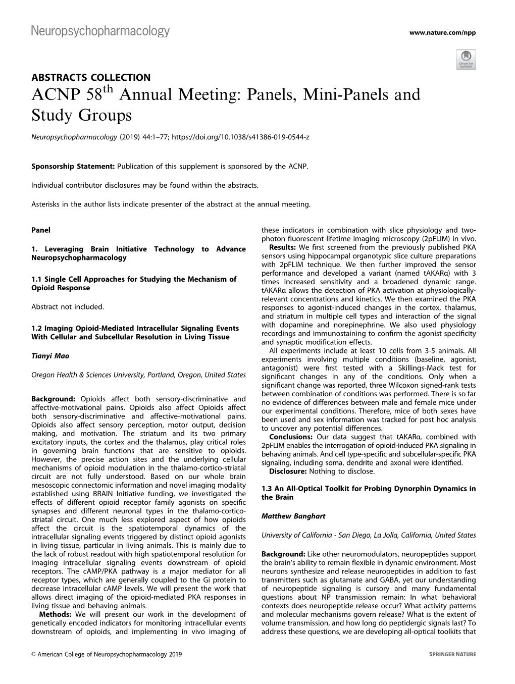 ACNP 58Th Annual Meeting: Panels, Mini-Panels and Study Groups