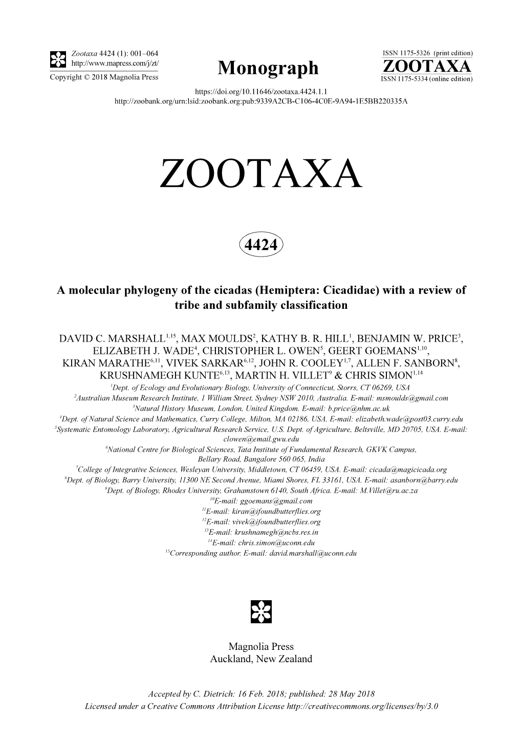 A Molecular Phylogeny of the Cicadas (Hemiptera: Cicadidae) with a Review of Tribe and Subfamily Classification